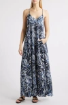 Tahari Asl Palm Print Charmeuse Maxi Slipdress In Sand Navy Palm