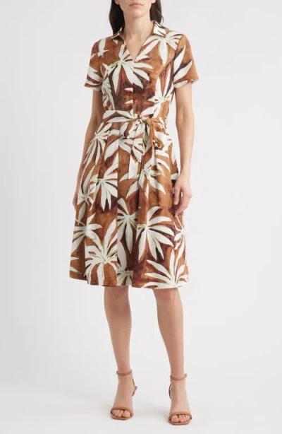 Tahari Asl Palm Print Short Sleeve Shirtdress In Brown
