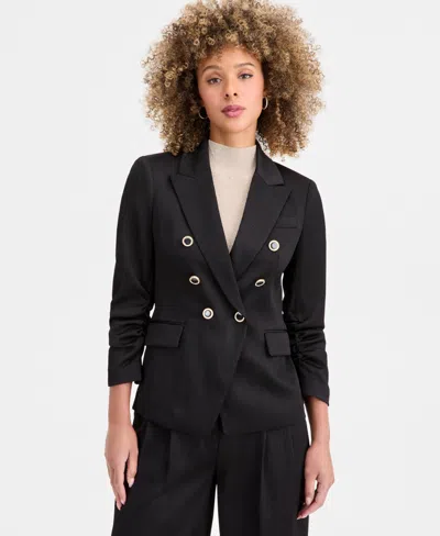 Tahari Asl Petite Crinkle-pleat Double-breasted Blazer In Black