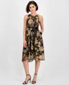 Tahari Asl Embroidered Tie Waist Sleeveless Midi Dress In Black