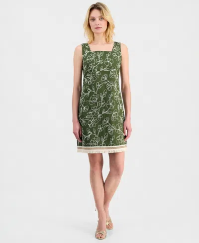 Tahari Asl Petite Embroidered Square Neck Short Tank Dress In Green