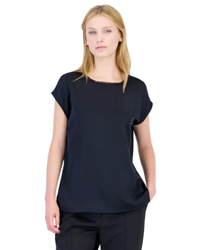 Tahari Asl Petite Fringe Satin Blouse In Blue