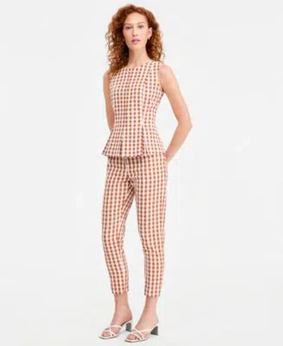 Tahari Asl Petite Gingham Peplum Sleeveless Blouse Mid Rise Capri Pants In Multi