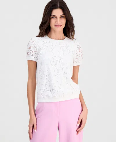 Tahari Asl Petite Lace-front Crewneck Sweater In White