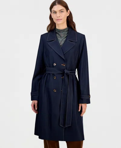 Tahari Asl Petite Long Denim Trench Jacket In Blue