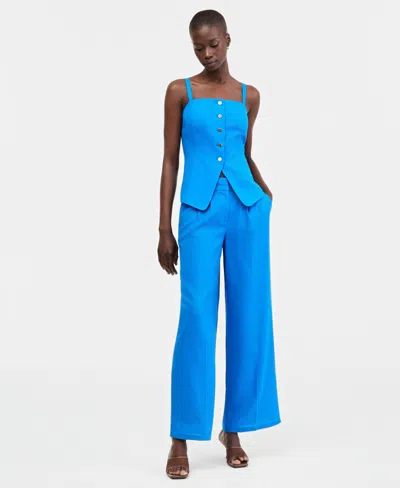Tahari Asl Petite Mid Rise Wide Leg Pleated Trousers In Blue