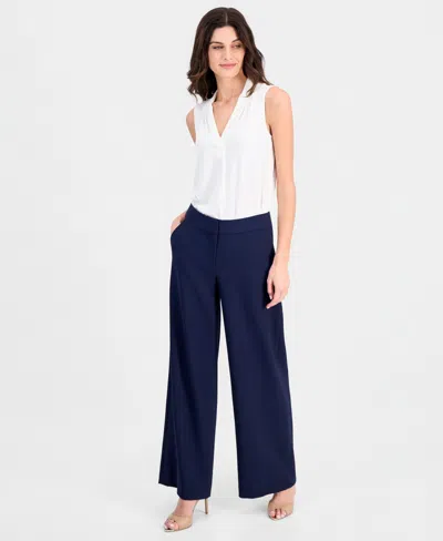 Tahari Asl Petite Mid Rise Wide-leg Pants In Blue