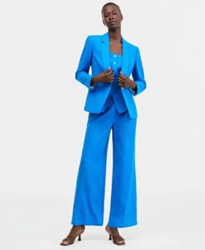 Tahari Asl Petite One Button Lapel Collar Blazer Sleeveless Square Neck Tank Top Mid Rise Wide Leg Pleated Trou In Blue