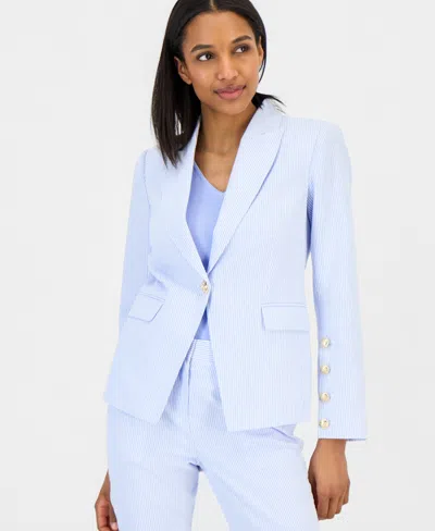 Tahari Asl Petite Peak Lapel Collar One-button Seersucker Blazer In Blue