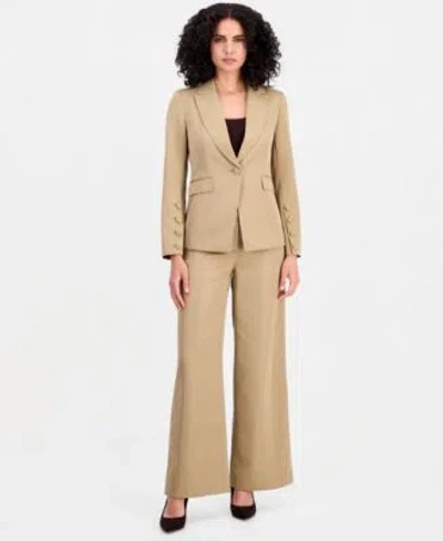 Tahari Asl Petite Peak Lapel One Button Blazer Mid Rise Wide Leg Full Length Pants In Brown