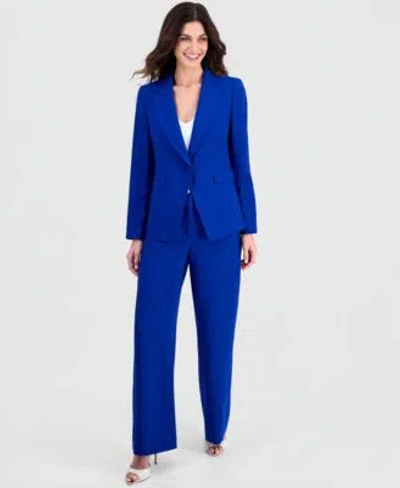 Tahari Asl Petite Peak Lapel One Button Blazer Mid Rise Wide Leg Pants In Blue