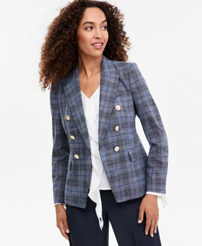 Tahari Asl Petite Plaid Double-breasted Blazer In Blue