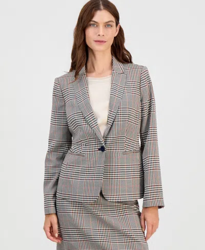 Tahari Asl Petite Plaid One-button Blazer In Gray