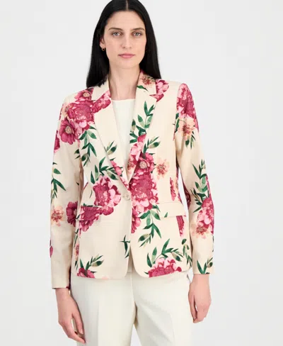 Tahari Asl Petite Printed Lapel Collar One-button Jacket In Multi