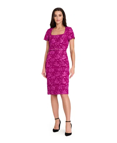 Tahari Asl Petite Puff Jacquard Cap Sleeve Dress In Purple