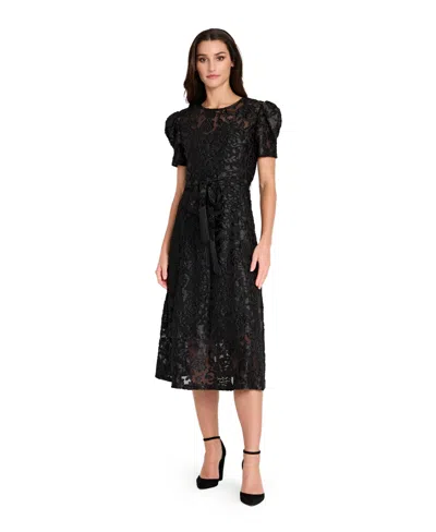 Tahari Asl Petite Puff Sleeve Burnout Dress In Black