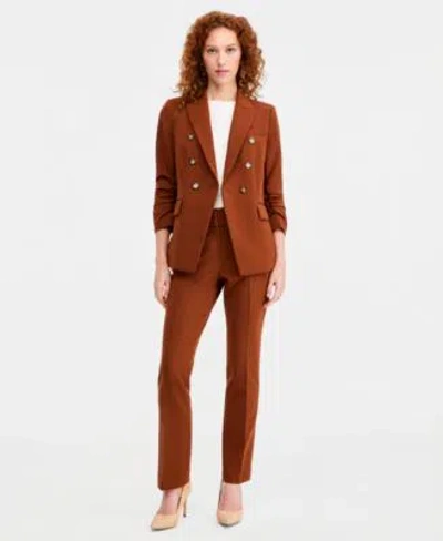 Tahari Asl Petite Ruched Sleeve One Button Blazer Mid Rise Straight Leg Pants In Brown