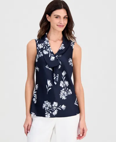Tahari Asl Petite Sailor Tie V-neck Blouse In Blue