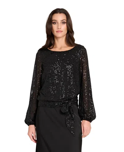 Tahari Asl Petite Sequin Tie-hem Top In Black