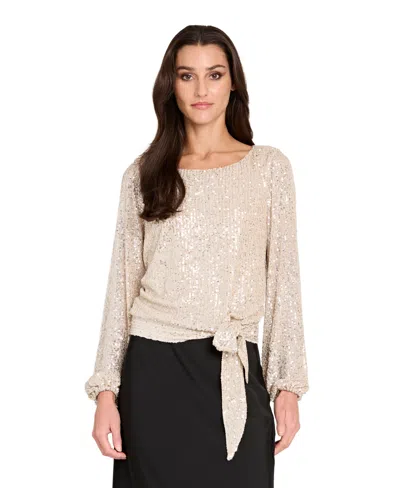Tahari Asl Petite Sequin Tie-hem Top In Neutral
