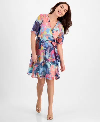 Tahari Asl Petite Shadow Stripe Ruffle Floral Print Dress In Seafoam Multi