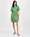 Tahari Asl Petite Short-sleeve Belted Tweed Shift Dress In Green