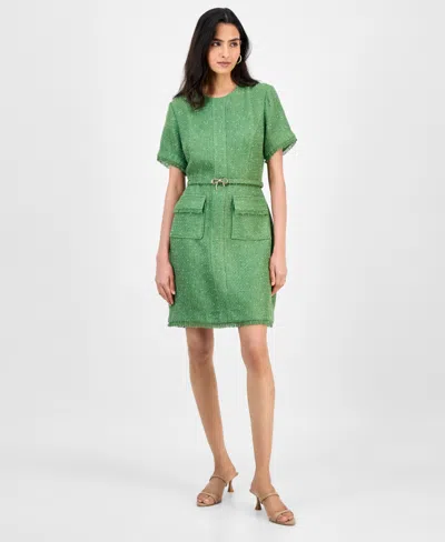 Tahari Asl Petite Short-sleeve Belted Tweed Shift Dress In Green