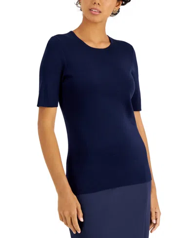 Tahari Asl Petite Short-sleeve Crewneck Sweater In Blue
