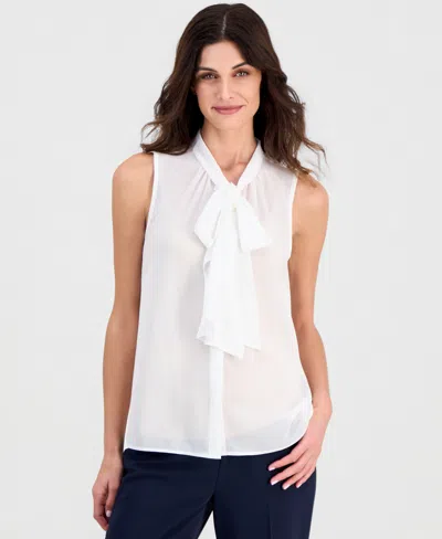 Tahari Asl Petite Sleeveless Ruffle Bow Tie Blouse In White