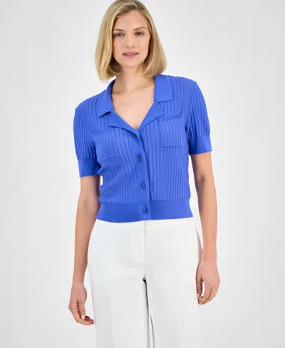 Tahari Asl Petite Stripe-textured Knit Button-front Top