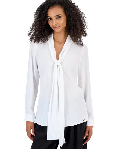 Tahari Asl Petite Tie-front V-neck Long-sleeve Blouse In White