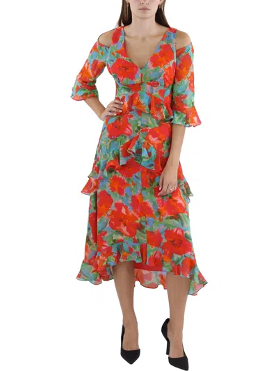 Tahari Asl Petites Womens Midi Ruffle Trim Midi Dress In Red
