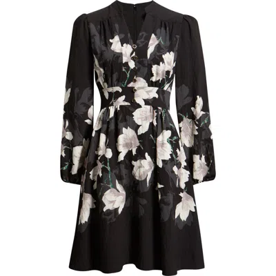 Tahari Asl Placement Print Long Sleeve Dress In Black