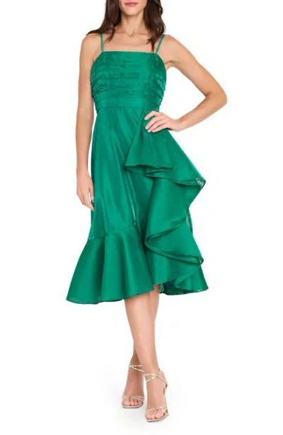 Tahari Asl Pleated Ruffle Satin Cocktail Dress In Green