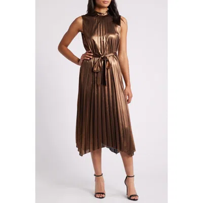 Tahari Asl Pleated Satin Mock Neck Tie Waist Dress In Brown
