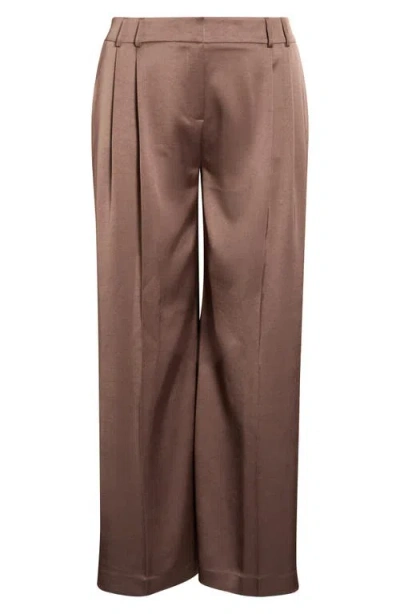 Tahari Asl Pleated Satin Wide Leg Pants In Brown