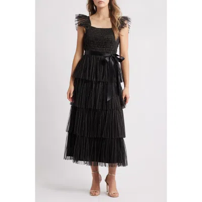 Tahari Asl Pleated Tiered Metallic Dress In Black