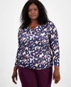 Tahari Asl Plus Size Abstract-print Long-sleeve Top In Blue