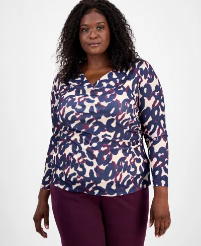 TAHARI ASL PLUS SIZE ABSTRACT-PRINT LONG-SLEEVE TOP