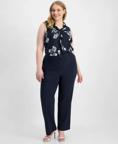 Tahari Asl Plus Size Bird Eye Press-pleat Straight-leg Pants In Multi