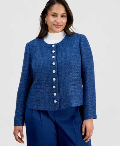 Tahari Asl Plus Size Boucle-knit Collarless Jacket In Blue