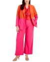 Tahari Asl Plus Size Color Blocked Boyfriend Blazer Printed Blouse Wide Leg Pants In Hot Pink,tomato
