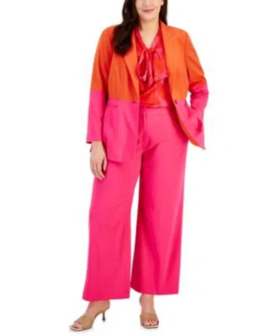 Tahari Asl Plus Size Color Blocked Boyfriend Blazer Printed Blouse Wide Leg Pants In Pink