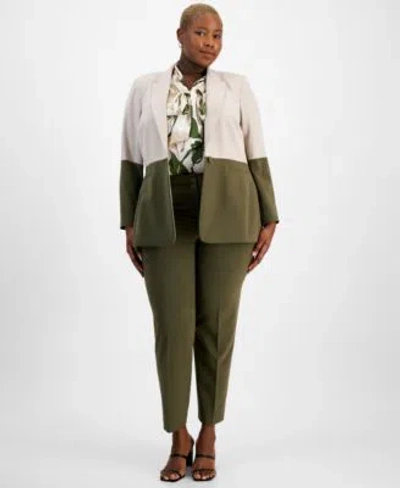 Tahari Asl Plus Size Colorblocked Boyfriend Blazer Tie Neck Top Pants In Sand,loden