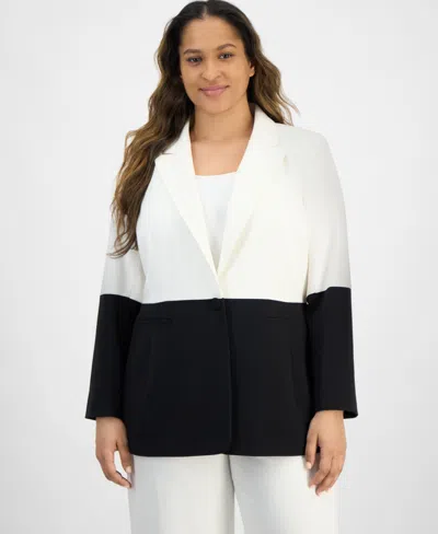 Tahari Asl Plus Size Colorblocked Button Blazer In White,black
