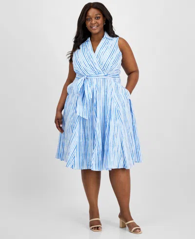 Tahari Asl Plus Size Cotton Striped Faux-wrap Shirtdress