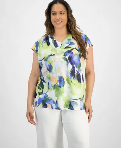 Tahari Asl Plus Size Cowlneck Printed Top In Fern Watercolor