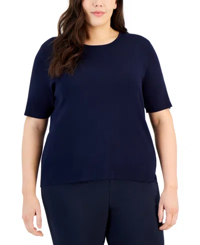 Tahari Asl Plus Size Crewneck Short Sleeve Top In Navy
