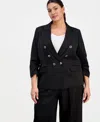 Tahari Asl Plus Size Crinkle-satin Faux-double-breasted Blazer In Black