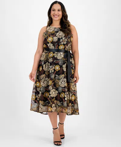 Tahari Asl Plus Size Embroidered-mesh Tie-waist Dress In Multi